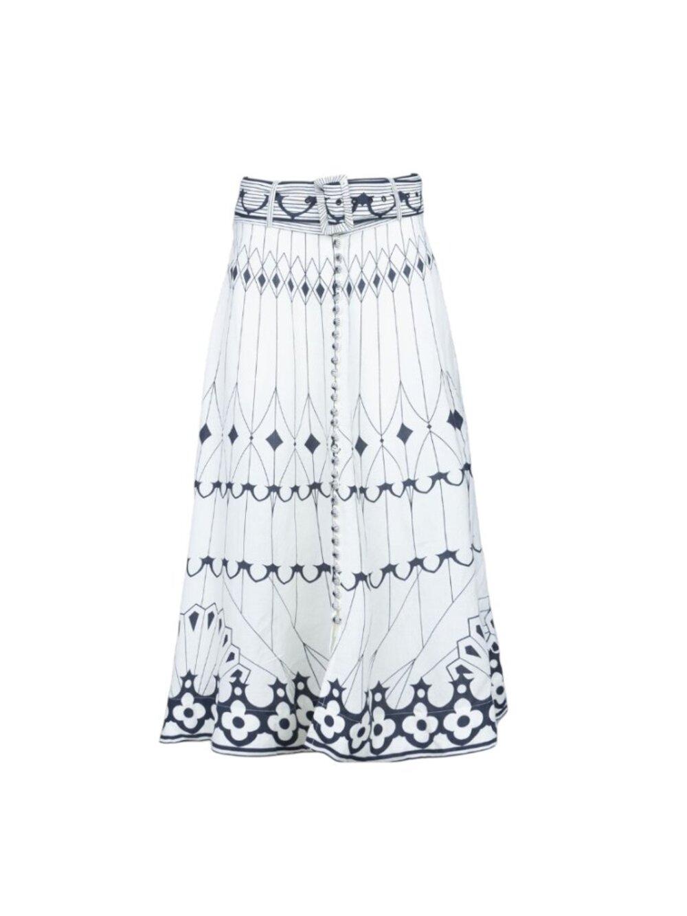 Scarlett Poppies Paula Midi Skirt Womens Small Ivory Black Linen High Rise Belt